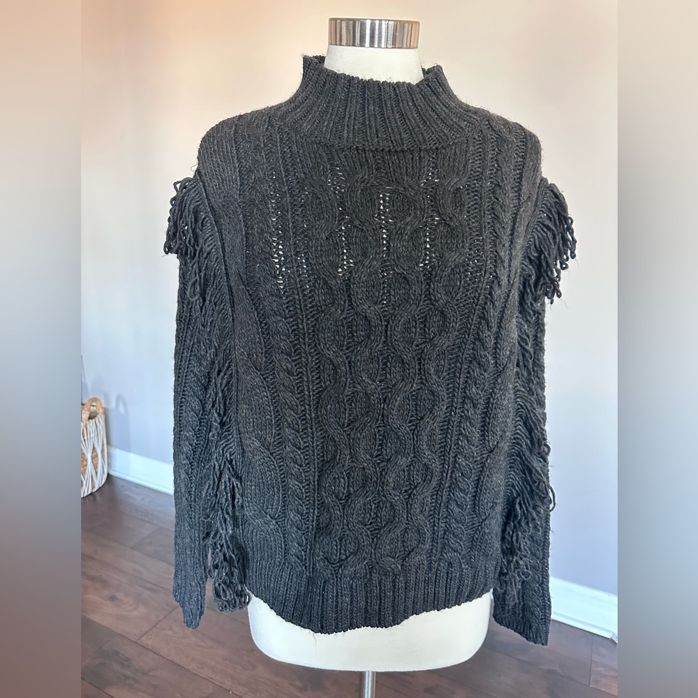 Universal Thread Western Fringe Cable Knit Crewneck Sweater Charcoal Grey LG